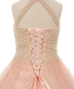 Pearl Beaded Halter Ball Gown By Cinderella Couture 5055 Quinceañera
