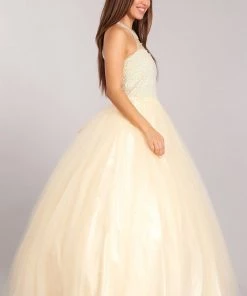 Pearl Beaded Halter Ball Gown By Cinderella Couture 5055 Quinceañera