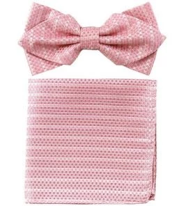 Vesuvio Napoli Pink Bow Tie With Geometric Squares And Pocket Square (Pointed Tip)