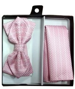 Vesuvio Napoli Pink Bow Tie With Geometric Squares And Pocket Square (Pointed Tip)