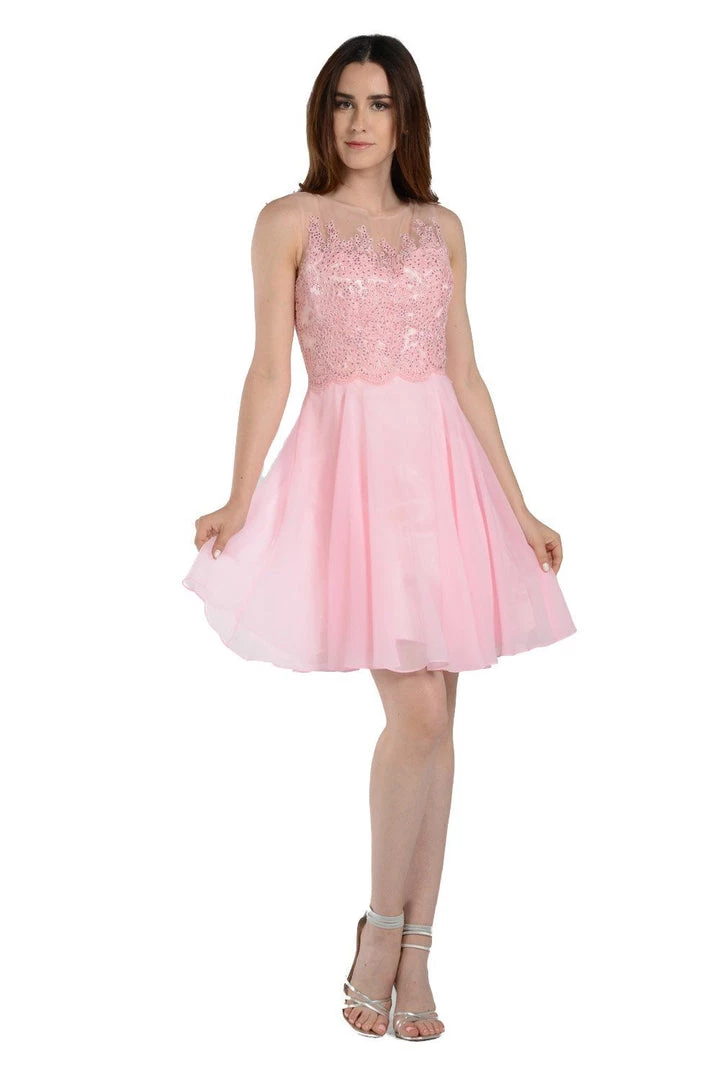 Pink Short Chiffon Dress With Lace Applique Bodice By Poly USA Prom 3 Pink Short Chiffon Dress With Lace Applique Bodice By Poly USA Prom