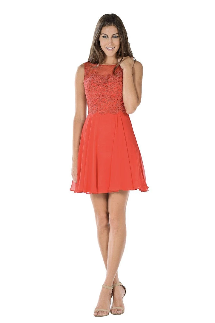 Pink Short Chiffon Dress With Lace Applique Bodice By Poly USA Prom 13 Pink Short Chiffon Dress With Lace Applique Bodice By Poly USA Prom