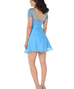 Prom Pink Short Lace Bodice Dress With Short Sleeves By Poly USA