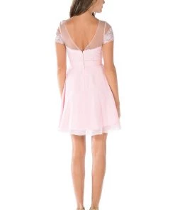 Prom Pink Short Lace Bodice Dress With Short Sleeves By Poly USA