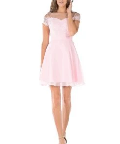 Prom Pink Short Lace Bodice Dress With Short Sleeves By Poly USA