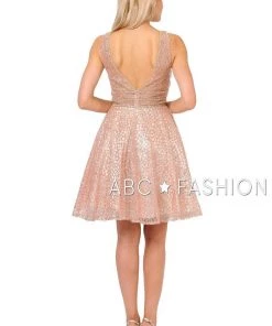 Pink Sleeveless Glitter Print Short Dress With V-Neck By Poly USA 8444 Prom