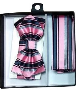 Vesuvio Napoli Pink/Black Striped Bow Tie With Pocket Square (Pointed Tip)