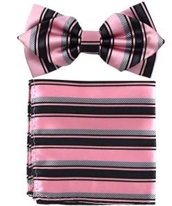 Vesuvio Napoli Pink/Black Striped Bow Tie With Pocket Square (Pointed Tip)