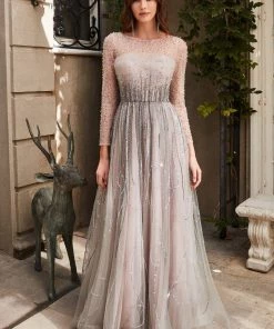 Pleated 3/4 Sleeve Tulle Gown By Cinderella Divine B701 Prom