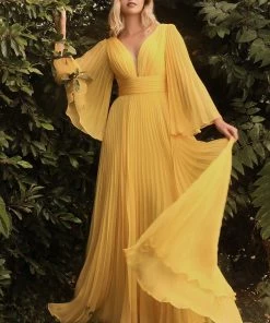 Pleated Bell Sleeve Gown By Cinderella Divine CD242 Prom 52 Pleated Bell Sleeve Gown By Cinderella Divine CD242 Prom