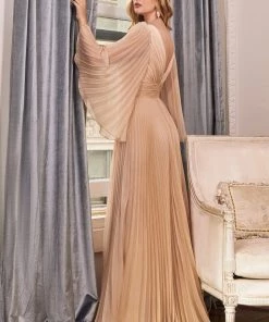 Pleated Bell Sleeve Gown By Cinderella Divine CD242 Prom