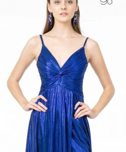 Prom Pleated Long A-Line Metallic Dress With Slit By Elizabeth K GL2927