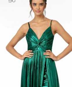 Prom Pleated Long A-Line Metallic Dress With Slit By Elizabeth K GL2927