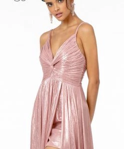 Prom Pleated Long A-Line Metallic Dress With Slit By Elizabeth K GL2927