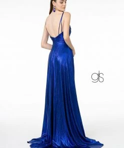 Prom Pleated Long A-Line Metallic Dress With Slit By Elizabeth K GL2927