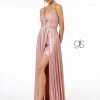 Prom Pleated Long A-Line Metallic Dress With Slit By Elizabeth K GL2927