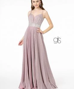 Pleated Long A-Line Metallic Glitter Dress By Elizabeth K GL2905