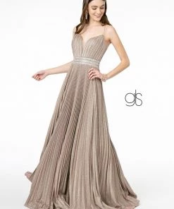 Pleated Long A-Line Metallic Glitter Dress By Elizabeth K GL2905