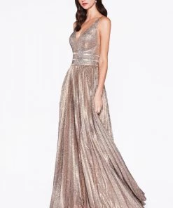 Pleated Long Glitter Dress By Cinderella Divine CM9061