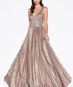 Pleated Long Glitter Dress By Cinderella Divine CM9061