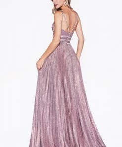 Pleated Long Glitter Dress By Cinderella Divine CM9061