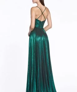 Pleated Long Metallic Dress With Slit By Cinderella Divine CJ531 9 Pleated Long Metallic Dress With Slit By Cinderella Divine CJ531
