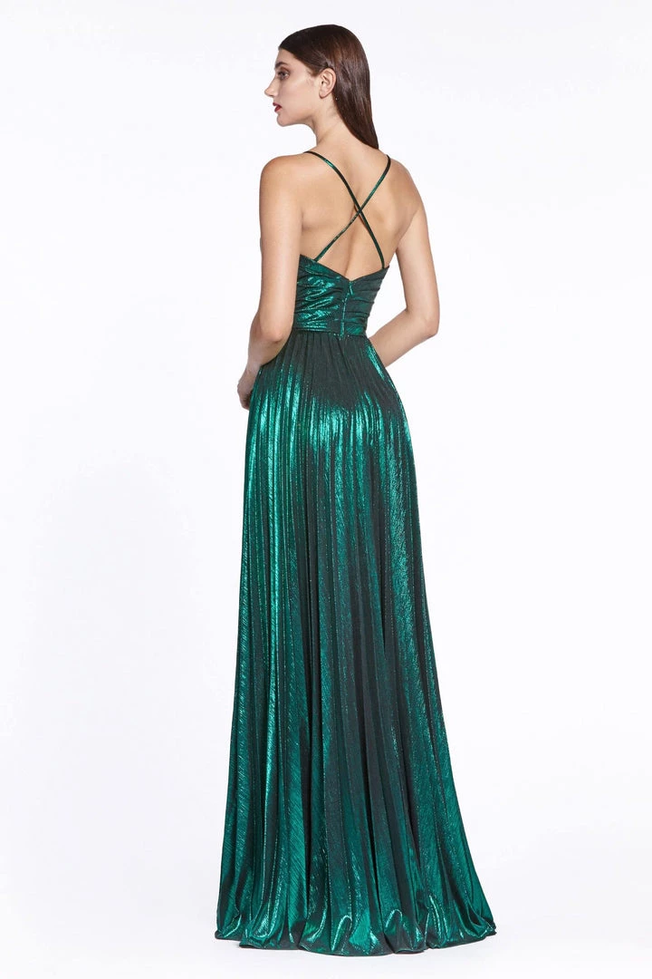 Pleated Long Metallic Dress With Slit By Cinderella Divine CJ531 4 Pleated Long Metallic Dress With Slit By Cinderella Divine CJ531