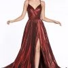 Pleated Long Metallic Dress With Slit By Cinderella Divine CJ531 2 Pleated Long Metallic Dress With Slit By Cinderella Divine CJ531