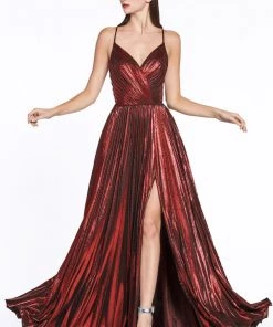Pleated Long Metallic Dress With Slit By Cinderella Divine CJ531