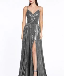 Pleated Long Metallic Dress With Slit By Cinderella Divine CJ531 13 Pleated Long Metallic Dress With Slit By Cinderella Divine CJ531