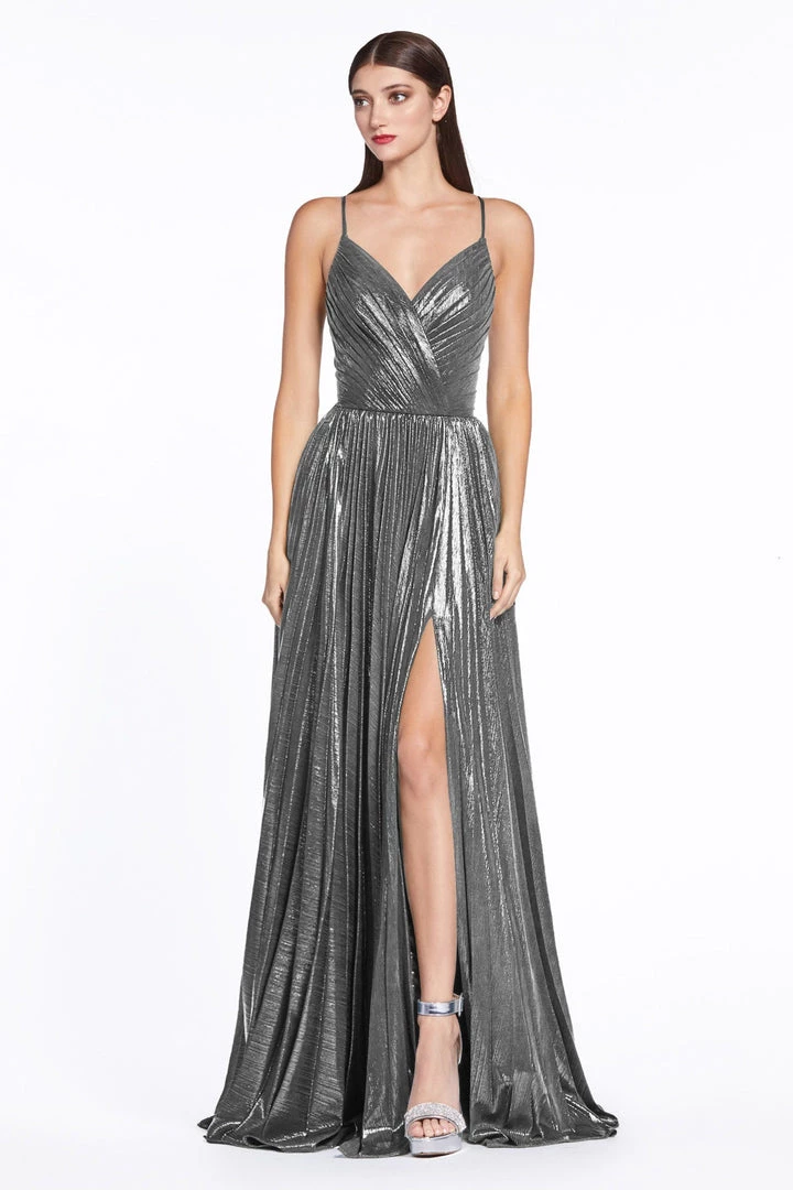 Pleated Long Metallic Dress With Slit By Cinderella Divine CJ531 8 Pleated Long Metallic Dress With Slit By Cinderella Divine CJ531