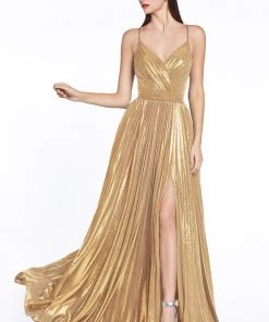 Pleated Long Metallic Dress With Slit By Cinderella Divine CJ531 12 Pleated Long Metallic Dress With Slit By Cinderella Divine CJ531