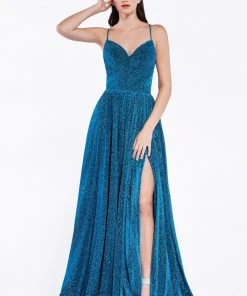 Prom Pleated Long Metallic Dress By Cinderella Divine CJ534