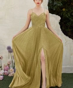 Prom Pleated Long Metallic Dress By Cinderella Divine CJ534
