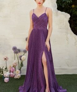 Prom Pleated Long Metallic Dress By Cinderella Divine CJ534