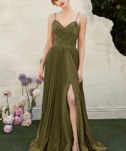 Prom Pleated Long Metallic Dress By Cinderella Divine CJ534