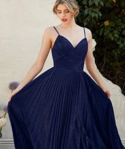 Prom Pleated Long Metallic Dress By Cinderella Divine CJ534