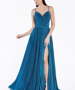Prom Pleated Long Metallic Dress By Cinderella Divine CJ534