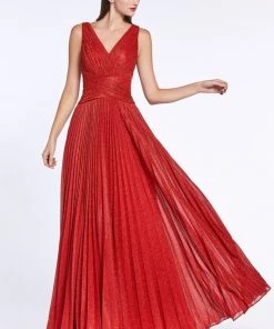 Prom Pleated Long Metallic Dress By Cinderella Divine CJ530