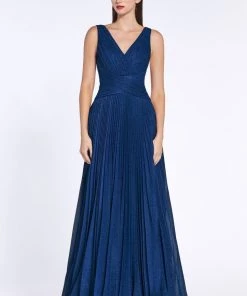 Prom Pleated Long Metallic Dress By Cinderella Divine CJ530