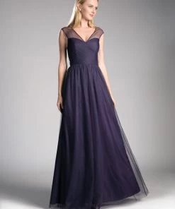 Prom Pleated Long Sleeveless Burgundy Dress By Cinderella Divine ET320