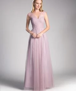 Prom Pleated Long Sleeveless Mauve Dress By Cinderella Divine ET320