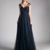Prom Pleated Long Sleeveless Navy Dress By Cinderella Divine ET320