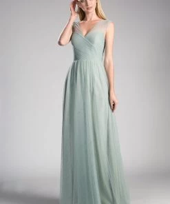 Pleated Long Sleeveless Sage Dress By Cinderella Divine ET320