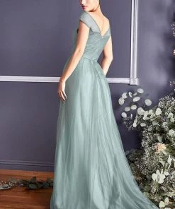 Pleated Long Sleeveless Sage Dress By Cinderella Divine ET320