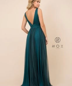 Pleated Long Sleeveless V-Neck Dress By Nox Anabel L340 Prom