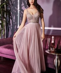 Prom Pleated Long Tulle Dress By Cinderella Divine CJ535