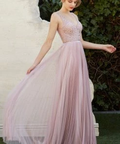 Prom Pleated Long Tulle Dress By Cinderella Divine CJ535