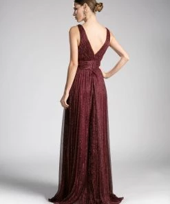 Pleated Long Metallic V-Neck Dress By Cinderella Divine UT261 Prom 21 Pleated Long Metallic V-Neck Dress By Cinderella Divine UT261 Prom