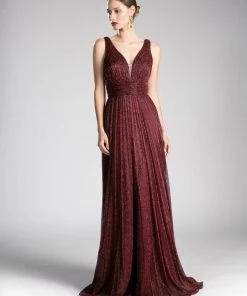 Pleated Long Metallic V-Neck Dress By Cinderella Divine UT261 Prom 20 Pleated Long Metallic V-Neck Dress By Cinderella Divine UT261 Prom